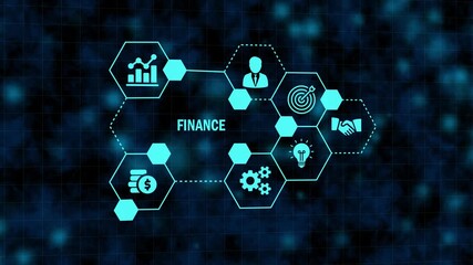 futuristic finance interface with hexagonal business icons. virtual business monitor focusing on financial growth. digital financial management concept on blue virtual screen. - Powered by Adobe