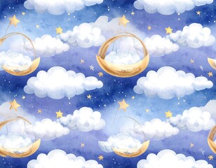 Watercolor seamless pattern of celestial elements, clouds, moons, and stars
