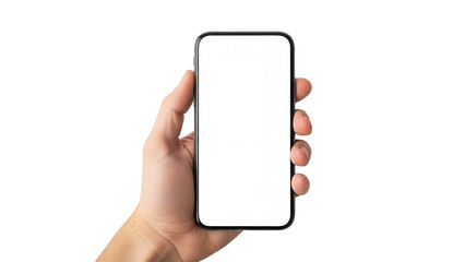 Hand holding blank screen smartphone against black background