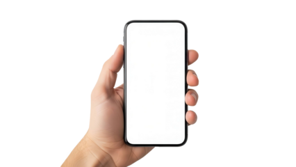 Hand holding blank screen smartphone against black background