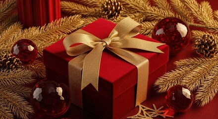 Golden Christmas gift boxes and decorations adorn a festive holiday tree