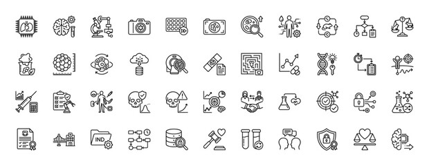 Biotechnology and research line icon set. vector pictograms of dna, brain, microscope, camera, and laboratory equipment, thin linear illustration.