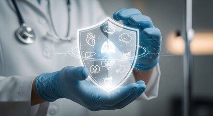 Doctor holding a glowing shield with healthcare icons and medical symbols