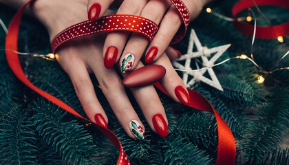 Festive Christmas Nails with Red Ribbon and Fir Branches.
