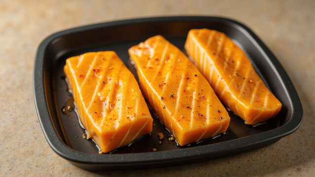 Fresh salmon fillets in black tray, garnished with spices and glossy marinade, ready for cooking or grilling