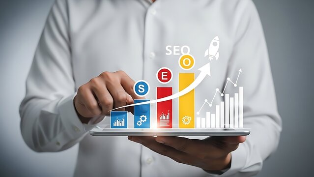 Boost Your Business with SEO Strategy and See Growth Explode like a Rocket on Tablet, Visualize Success with Data and Analytics, Modern Business Tools
