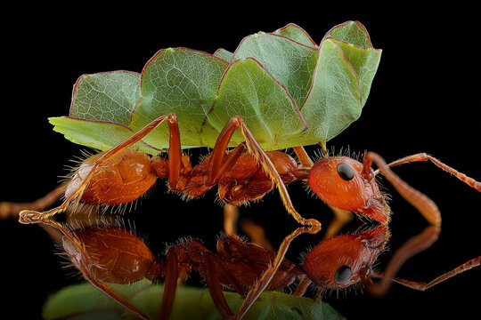 Leafcutter ant carrying a green leaf in a detailed macro close-up