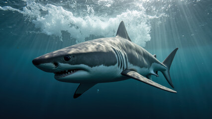 Naklejka premium Majestic shark swimming gracefully in deep blue ocean waters, showcasing its powerful physique and sharp teeth, illuminated by sunlight