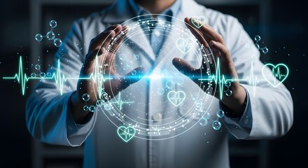 Doctor holding futuristic medical technology with digital heart rate display