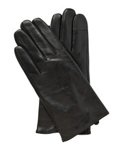 A pair of black leather gloves with intricate stitching detail isolated on transparent background