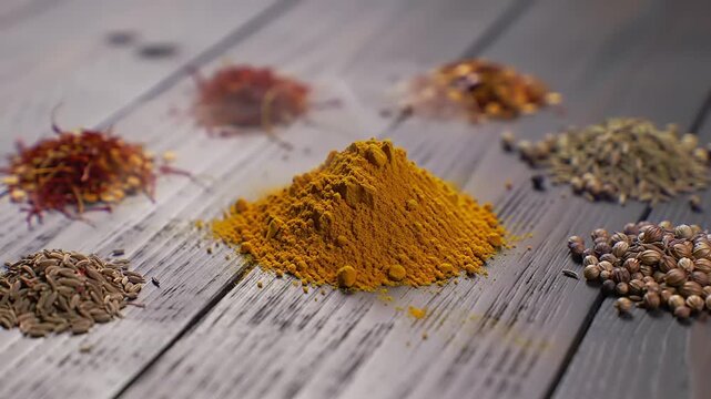 Spices assortment on wooden table.