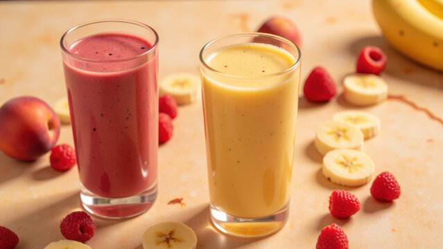 Refreshing fruit smoothies in clear glasses, vibrant colors, surrounded by fresh raspberries and banana slices, evoke healthy lifestyle