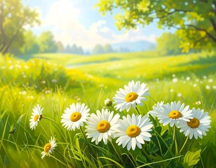 Idyllic summer meadow with daisies basking in the golden sunlight atmosphere
