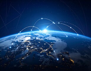 Earth viewed from space with luminous points and connecting arcs highlighting global connectivity against a backdrop of stars