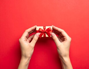 Hands presenting a small gift box with red ribbon against a red background