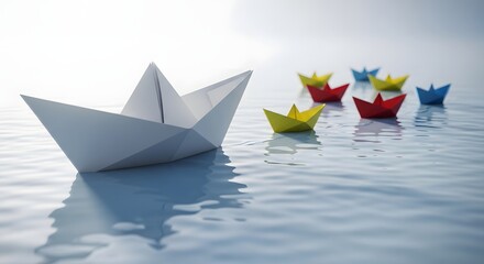 Obraz premium White paper boat leads colorful fleet across calm water