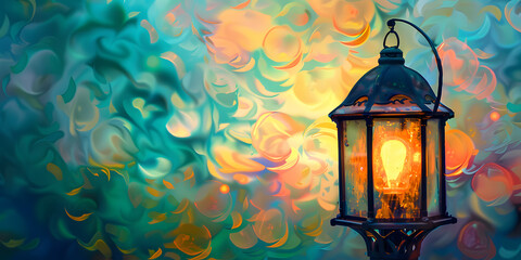 Vintage lantern glows with warm light against a dreamy, colorful bokeh background