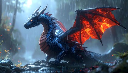 A blue dragon with glowing red wings perches in a misty forest with rain falling. Detailed, fantastical creature