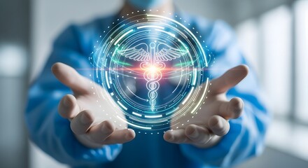 Doctor holding futuristic glowing digital interface with medical data