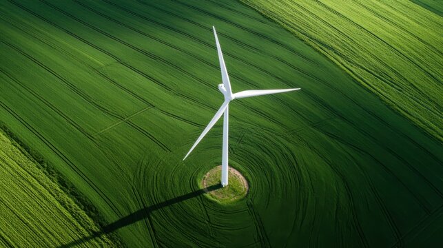 A wind turbine stands in the center of a green field surrounded by crop patterns. The sky is clear, and sunlight enhances the scene of clean energy generation in nature