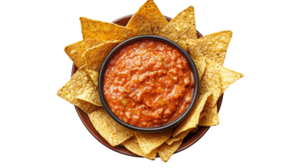 Tortilla Chips with Spicy Red Salsa isolated on a transparent background