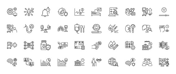 Medical and healthcare line icon set. Vector pictograms of research, diagnosis, treatment, and hospital care, thin linear illustration.