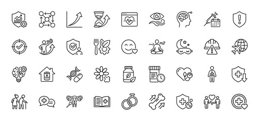 Health and wellness line icon set. Vector pictograms of biohacking, longevity, dna, brain, fitness, sleep, nutrition and medical care, thin linear illustration.