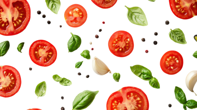 Tomato basil garlic slices isolated on a transparent background