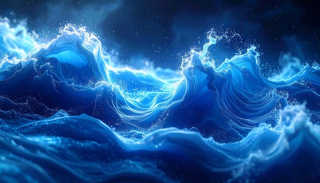 Dynamic, blue-toned ocean waves crest and crash, illuminated against a cloudy, dark night sky above - Powered by Adobe