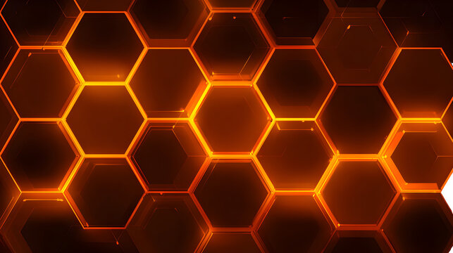 Glowing orange hexagon pattern on a dark background creating a futuristic and geometric design effect