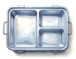 Illustration of a metallic bento lunch box with three compartments for food