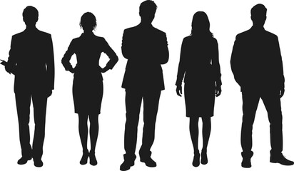 Business silhouettes, corporate team figures, professional people standing, diverse office workers, teamwork concept, leadership group illustration, modern workforce outline graphic
