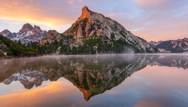 Sunset at a calm mountain lake with mirror-like reflection