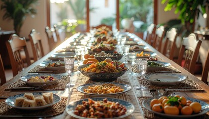 A festive banquet table laden with an abundance of delicious food for a large communal gathering, celebrating togetherness and tradition