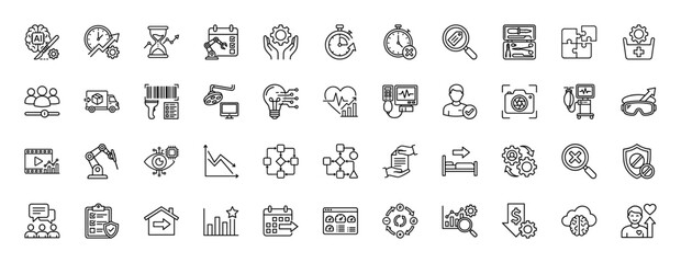 Business and technology line icon set. Vector pictograms of artificial intelligence, calendar, chart, security, and delivery, thin linear illustration.