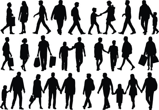 Diverse Silhouettes of People Walking and Standing, Including Families, Adults, and Children, Isolated Black Vector Collection on White Background.