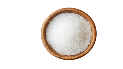 White sugar in wooden bowl isolated on a transparent background