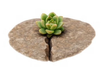 Green succulent plant pushing through a crack in a large rock, symbolizing growth, life, and resilience