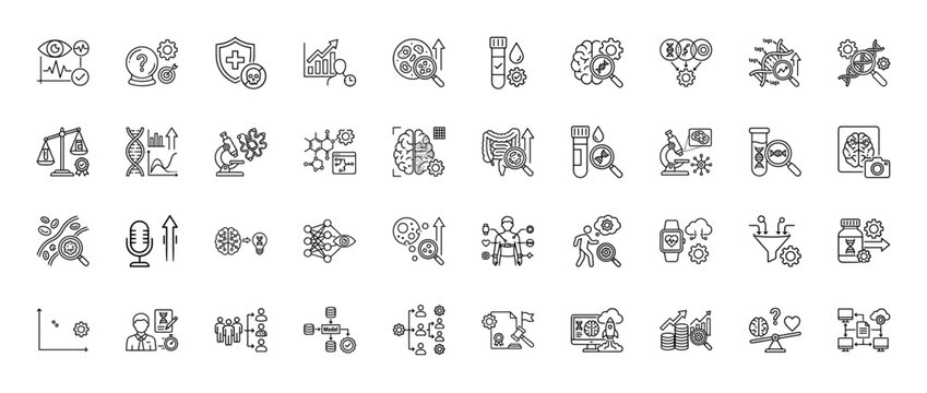 Science and medicine line icon set. vector pictograms of dna, research, analysis, brain, data, and laboratory tools, thin linear illustration.
