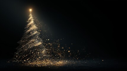 Shimmering golden Christmas tree with sparkling particles on black background, glowing star on top, festive holiday concept 