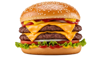 Best double cheeseburger image with sesame bun beef patties cheese lettuce tomato onion and condiments on transparent background