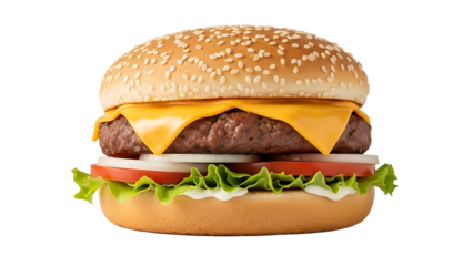 Delicious cheeseburger with sesame bun lettuce tomato onion and cheese food photography image tasty burger 100 on transparent background