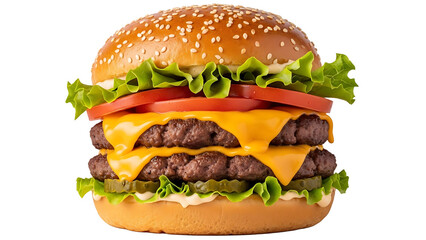 Double cheeseburger with lettuce tomato and pickles delicious fast food burger photography close up shot 100 on transparent background