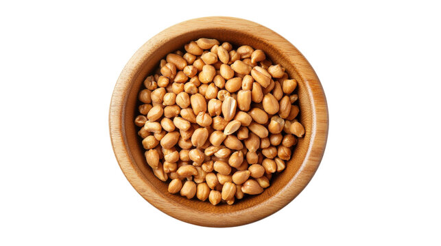 Wooden bowl of roasted peanuts isolated on a transparent background