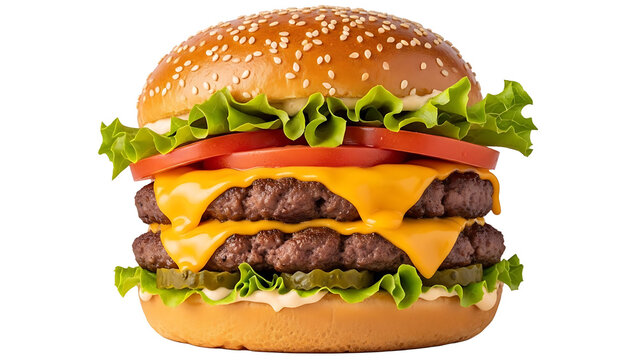 Double cheeseburger with lettuce tomato and pickles delicious fast food burger photography close up shot 100 on transparent background