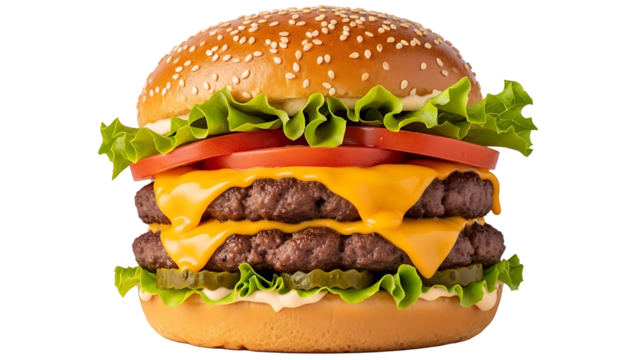 Double cheeseburger with lettuce tomato and pickles delicious fast food burger photography close up shot 100 on transparent background - Powered by Adobe