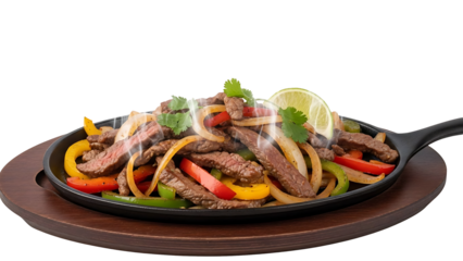 Delicious beef fajitas sizzling in a cast iron skillet with peppers and onions recipe idea for dinner on transparent background