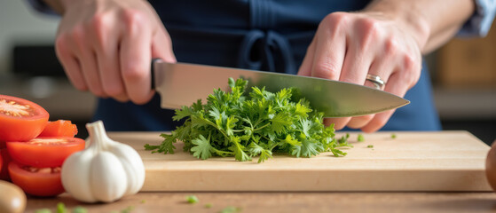 Fresh herbs chopping cooking preparation kitchen culinary vegetables healthy ingredients meal