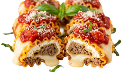 Delicious lasagna rolls recipe with meat sauce and cheese italian food perfect for dinner and lunch ideas on transparent background