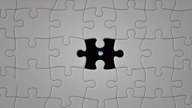 Last blue jigsaw puzzle piece fitting into place to complete white puzzle, business solution success concept.